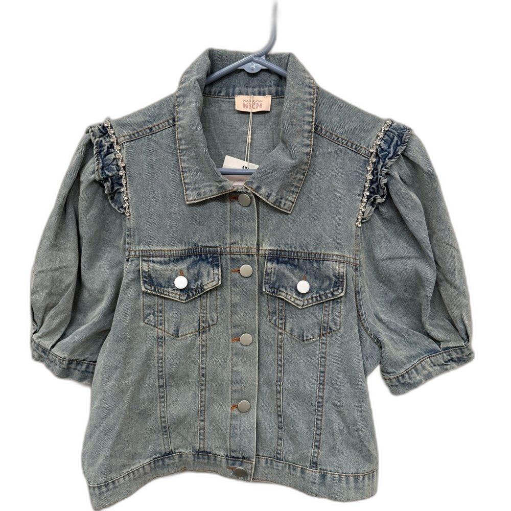 NKN Nekane S/S Denim Shirt Jacket w/Puff Sleeves & Rhinestones - Medium